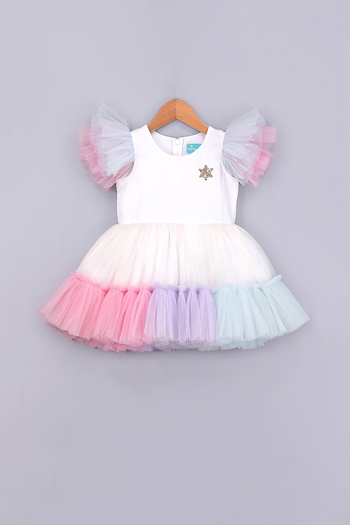 White Handcrafted Dress With Ruffles For Girls by Free Sparrow