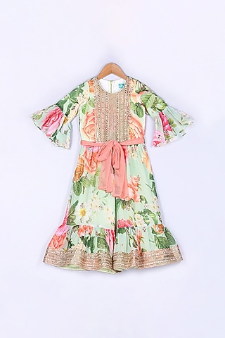 Green Embellished Flared Jumpsuit For Girls by Free Sparrow