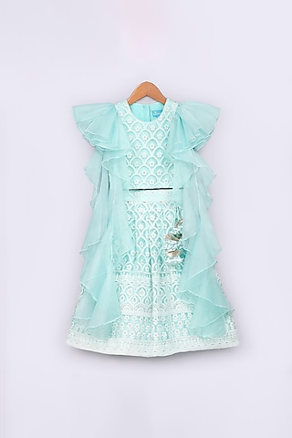 Blue Embroidered Lehenga Set For Girls by Free Sparrow