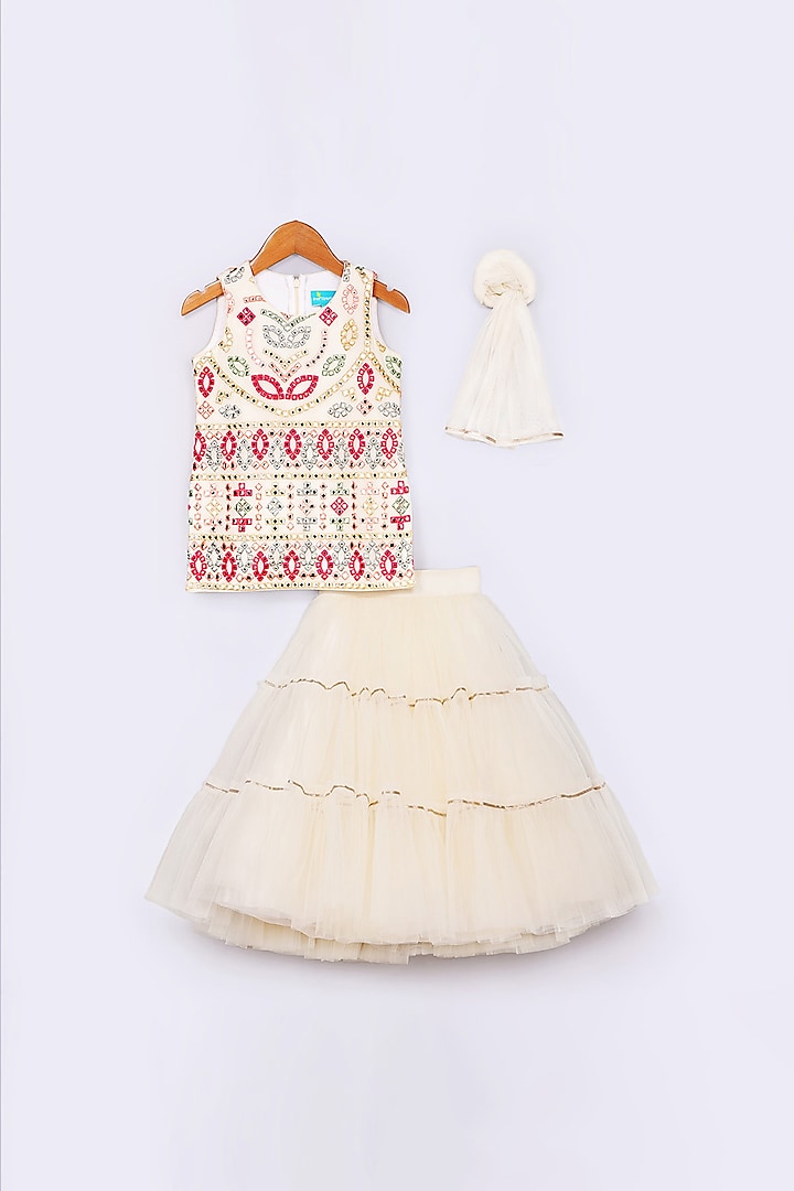Off White Embroidered Lehenga Set For Girls by Free Sparrow