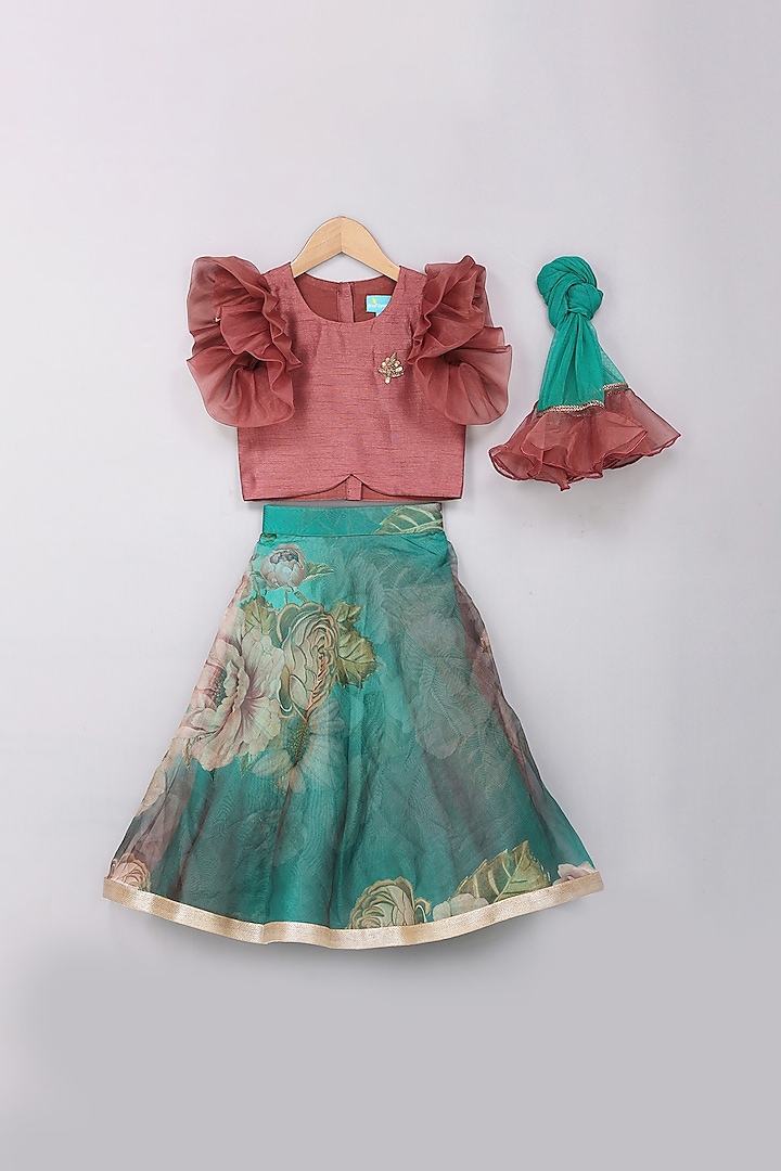 Teal Green Embroidered Lehenga Set For Girls by Free Sparrow