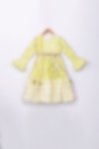 Lime Yellow Embroidered Anarkali With Belt For Girls by Free Sparrow