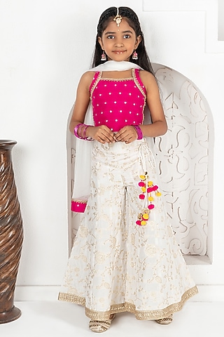 Ivory Dupion Silk Jacquard Floral Sharara Set For Girls by Free Sparrow