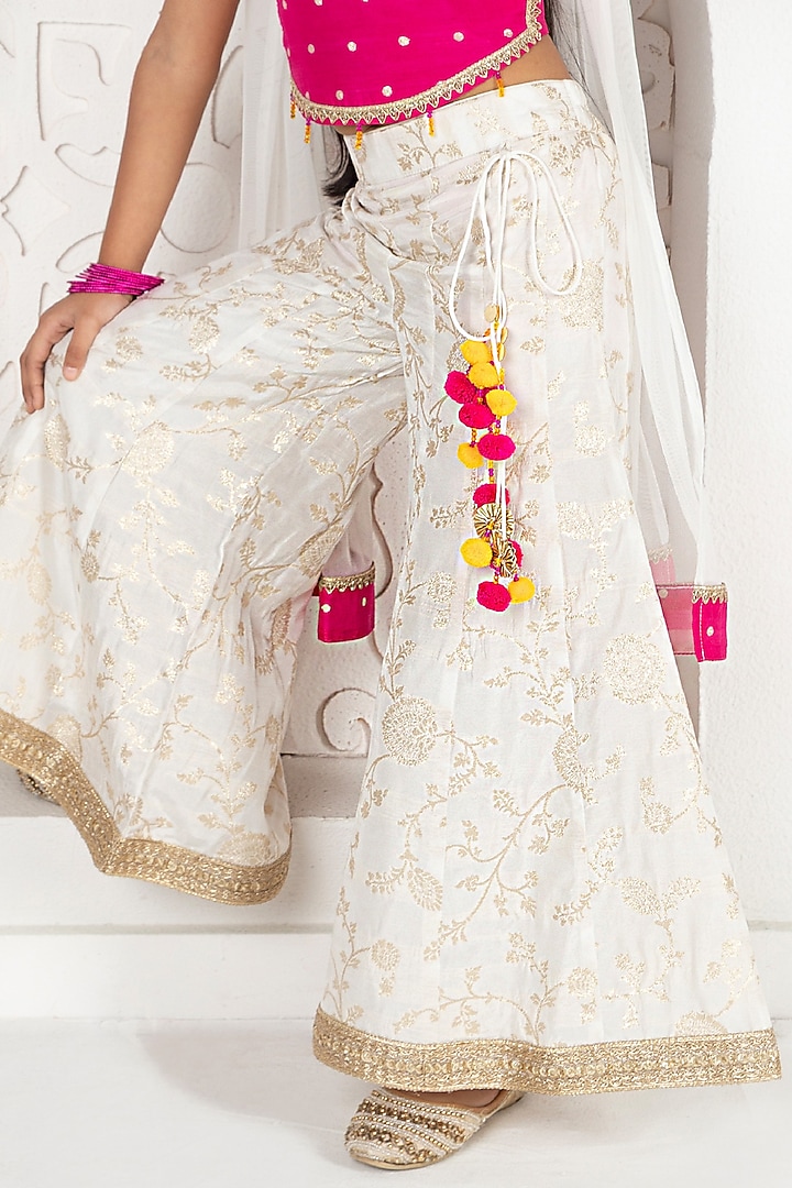 Ivory Dupion Silk Jacquard Floral Sharara Set For Girls by Free Sparrow at Pernia's Pop Up Shop
