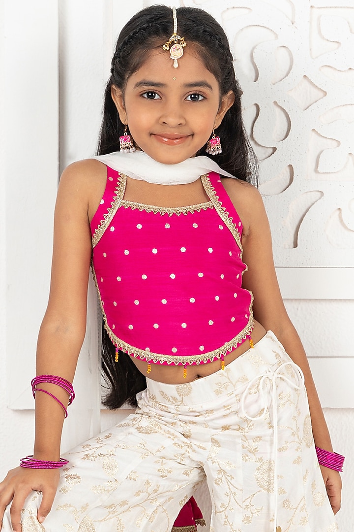Ivory Dupion Silk Jacquard Floral Sharara Set For Girls by Free Sparrow at Pernia's Pop Up Shop