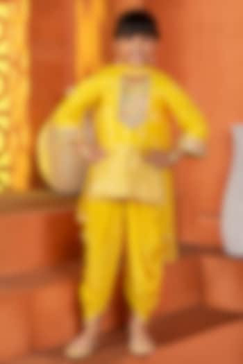 Yellow Jacquard Silk & Cotton Pleated Dhoti Set For Girls by Free Sparrow at Pernia's Pop Up Shop