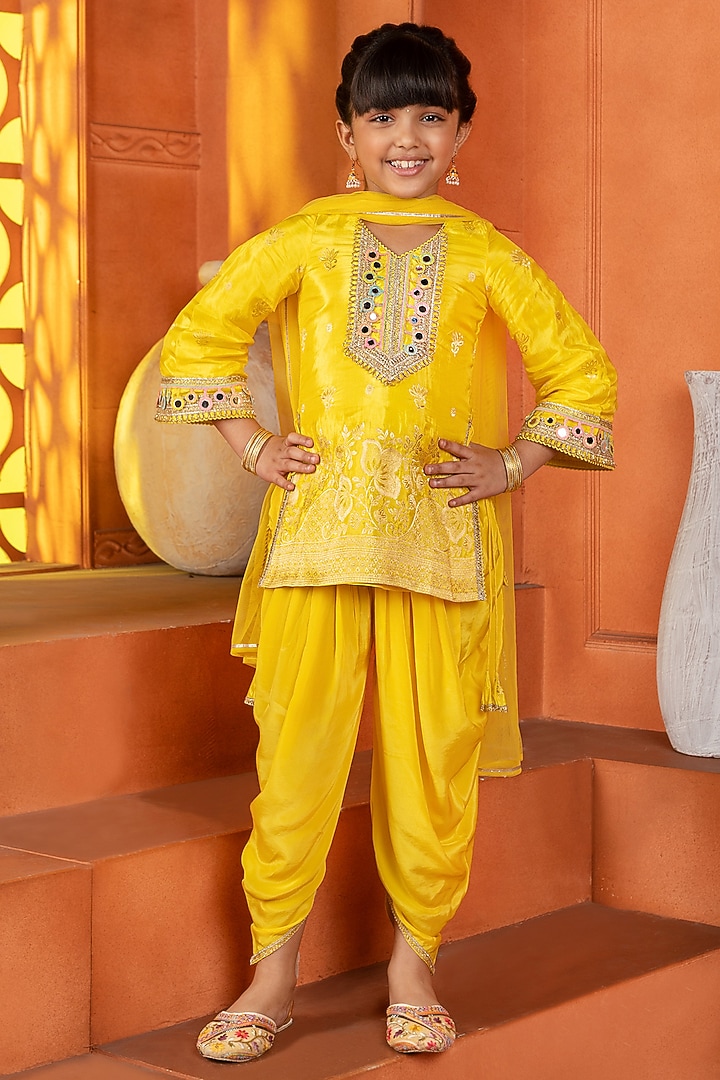 Yellow Jacquard Silk & Cotton Pleated Dhoti Set For Girls by Free Sparrow at Pernia's Pop Up Shop