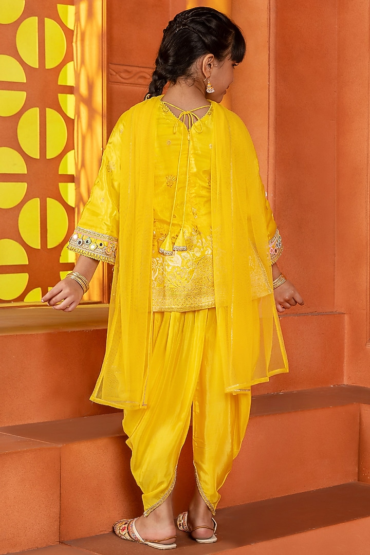 Yellow Jacquard Silk & Cotton Pleated Dhoti Set For Girls by Free Sparrow at Pernia's Pop Up Shop