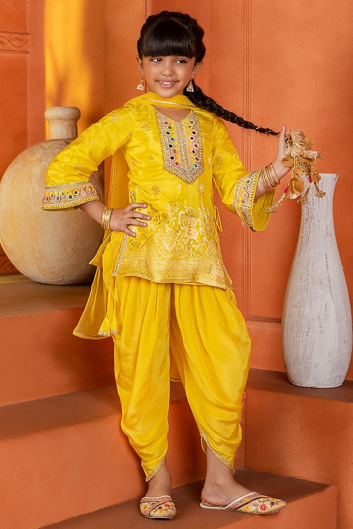Yellow Jacquard Silk & Cotton Pleated Dhoti Set For Girls by Free Sparrow at Pernia's Pop Up Shop