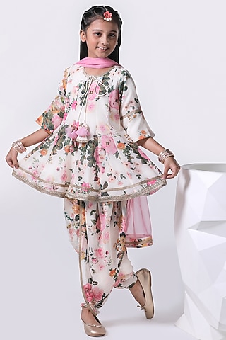 Ivory Georgette & Santon Printed Dhoti Set For Girls by Free Sparrow
