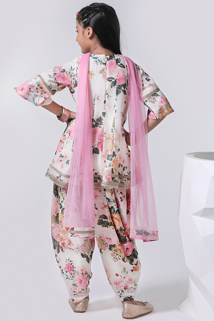 Ivory Georgette & Santon Printed Dhoti Set For Girls by Free Sparrow at Pernia's Pop Up Shop