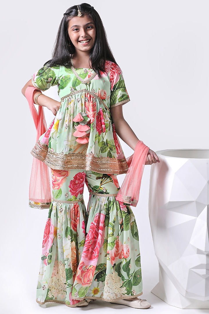 Green Georgette & Shantoon Printed Sharara Set For Girls by Free Sparrow at Pernia's Pop Up Shop