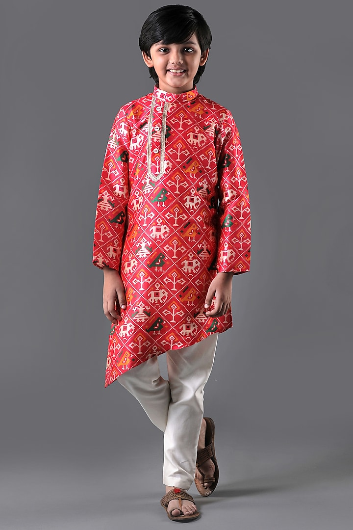 Red Silk & Cotton Printed Kurta Set For Boys by Free Sparrow