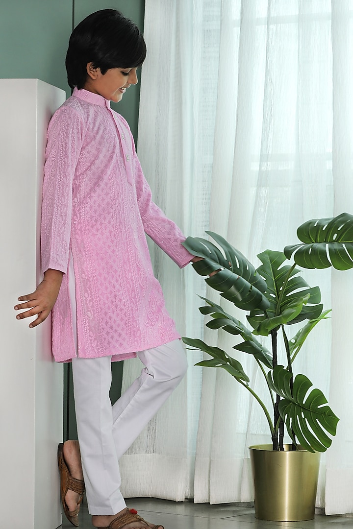 Pink Georgette & Cotton Embroidered Kurta Set for Boys by Free Sparrow