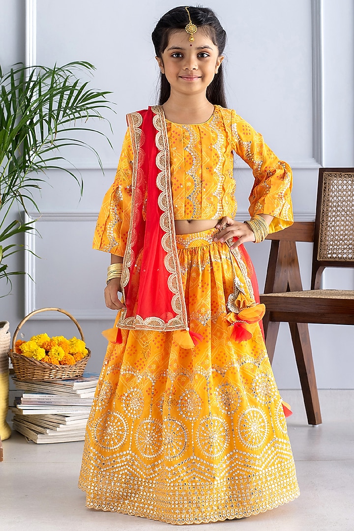 Mustard Embroidered Lehenga Set For Girls by Free Sparrow