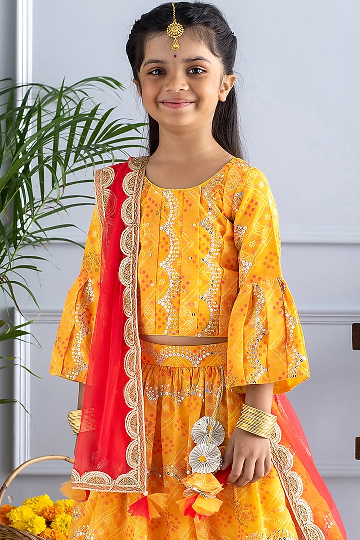 Mustard Embroidered Lehenga Set For Girls by Free Sparrow at Pernia's Pop Up Shop