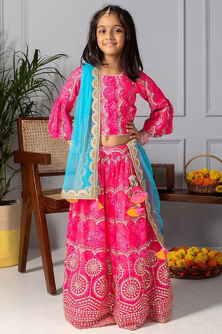 Magenta Embroidered Lehenga Set For Girls by Free Sparrow