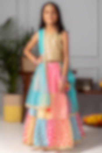 Multi-Colored Embroidered Tiered Lehenga Set For Girls by Free Sparrow