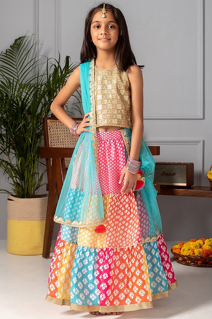 Multi-Colored Embroidered Tiered Lehenga Set For Girls by Free Sparrow