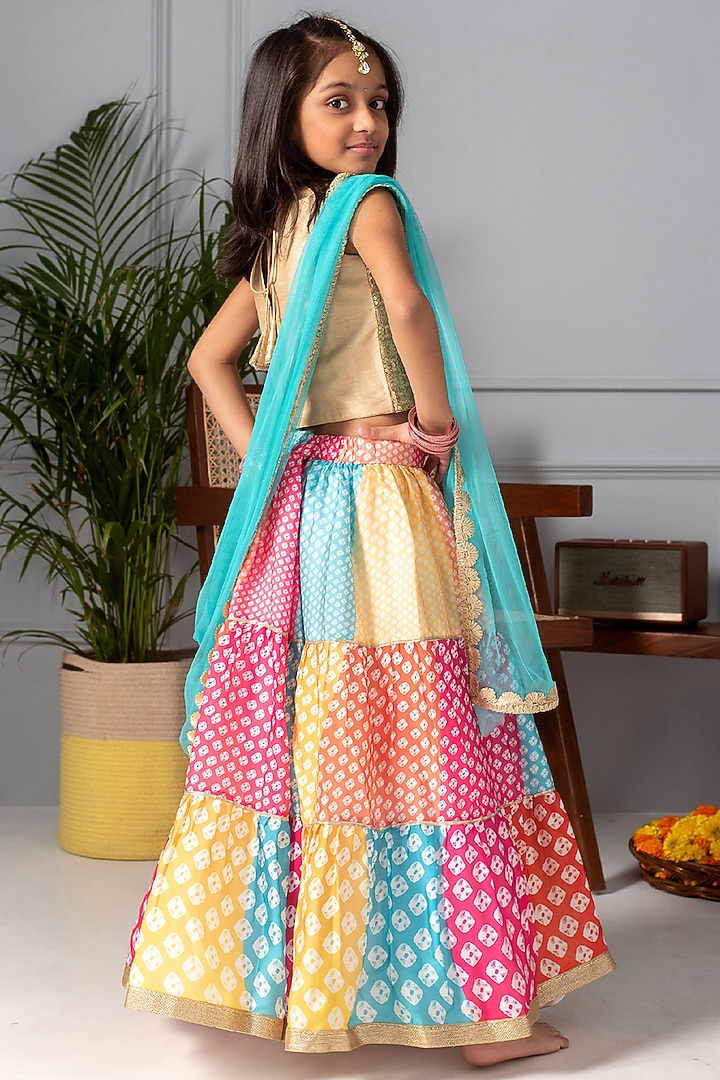 Multi-Colored Embroidered Tiered Lehenga Set For Girls by Free Sparrow at Pernia's Pop Up Shop
