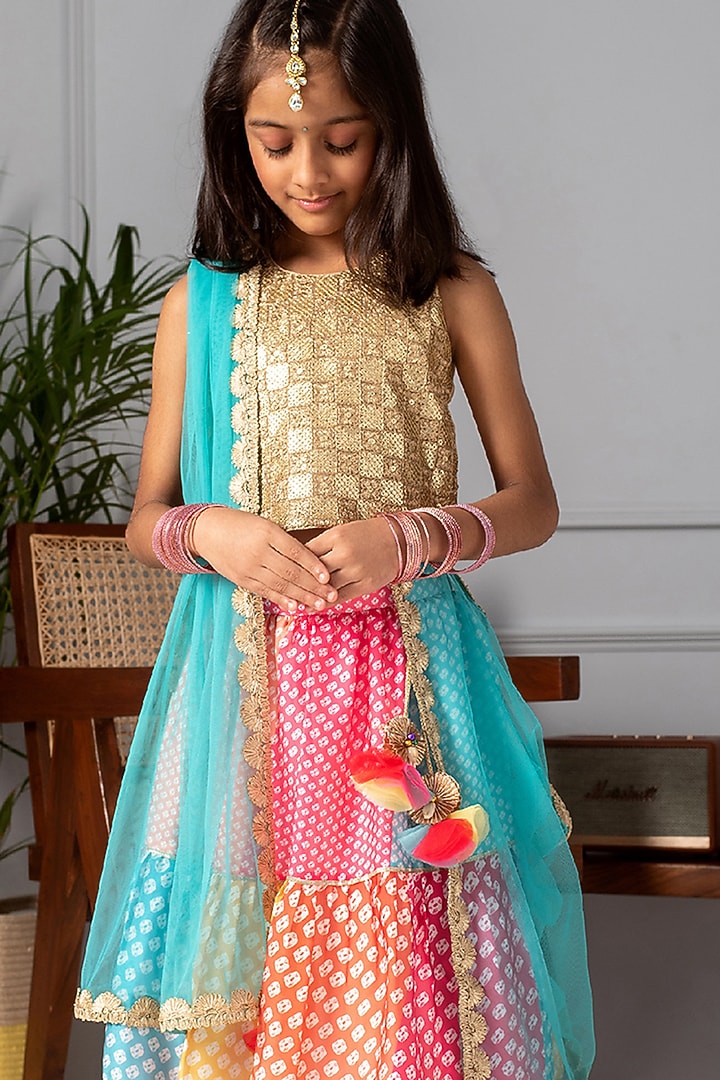Multi-Colored Embroidered Tiered Lehenga Set For Girls by Free Sparrow at Pernia's Pop Up Shop