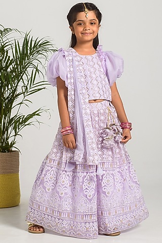 Lavender Embroidered Lehenga Set For Girls by Free Sparrow