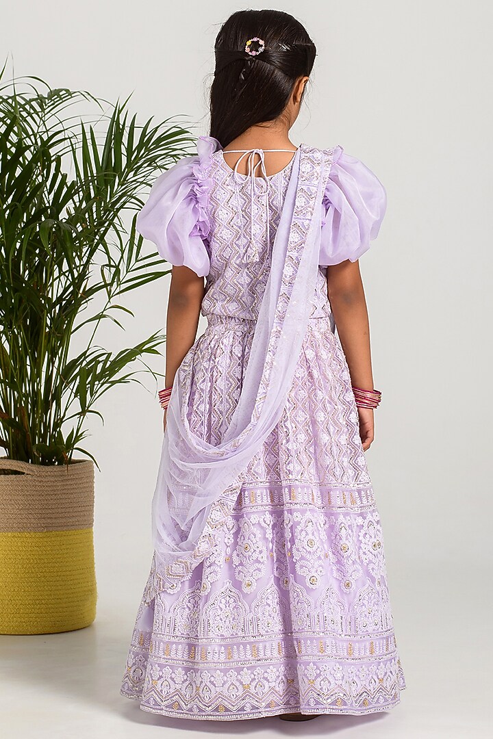 Lavender Embroidered Lehenga Set For Girls by Free Sparrow at Pernia's Pop Up Shop