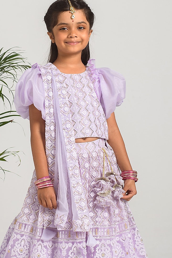 Lavender Embroidered Lehenga Set For Girls by Free Sparrow at Pernia's Pop Up Shop