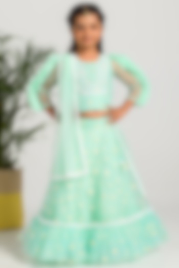 Mint Printed Lehenga Set For Girls by Free Sparrow