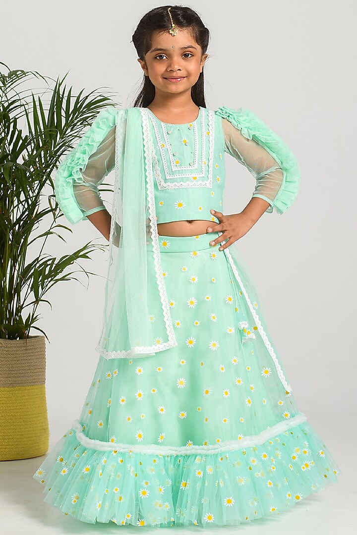 Mint Printed Lehenga Set For Girls by Free Sparrow