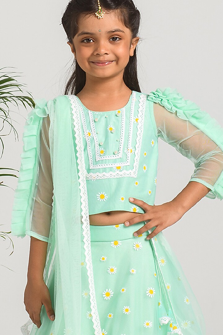 Mint Printed Lehenga Set For Girls by Free Sparrow at Pernia's Pop Up Shop
