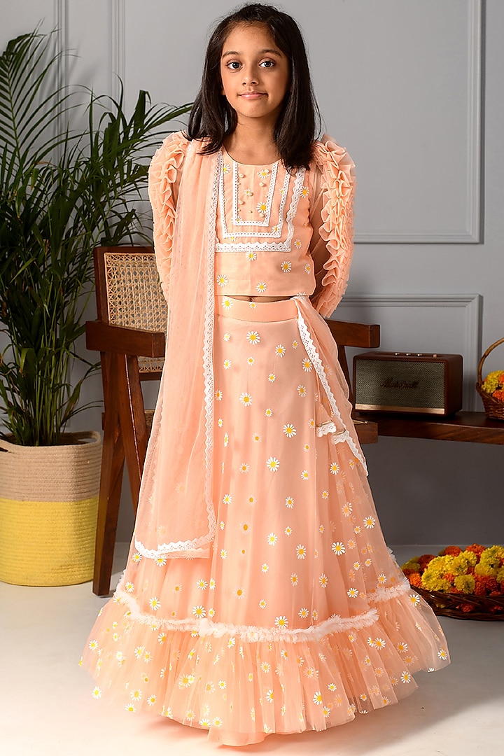 Peach Printed Lehenga Set For Girls by Free Sparrow at Pernia's Pop Up Shop