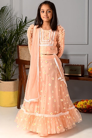 Peach Printed Lehenga Set For Girls by Free Sparrow