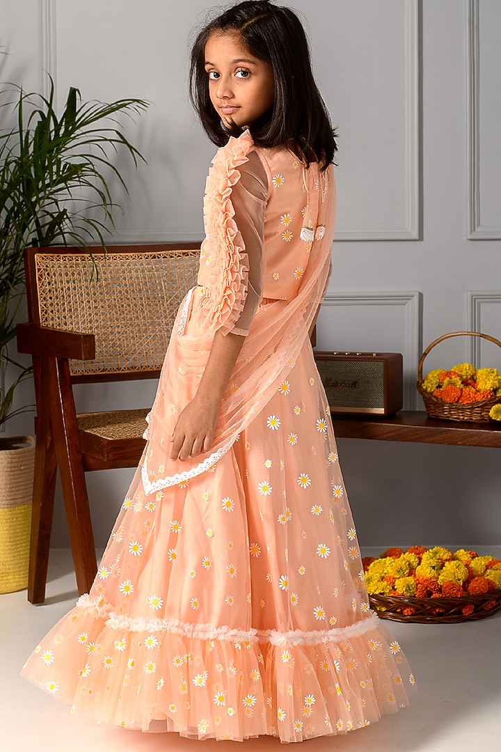Peach Printed Lehenga Set For Girls by Free Sparrow at Pernia's Pop Up Shop