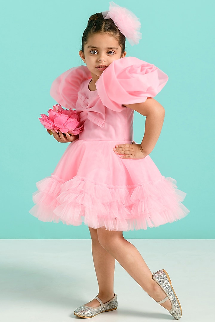 Pink Tulle Ruffled Dress For Girls by Free Sparrow
