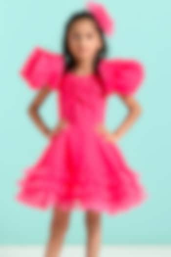 Magenta Tulle Ruffled Dress For Girls by Free Sparrow