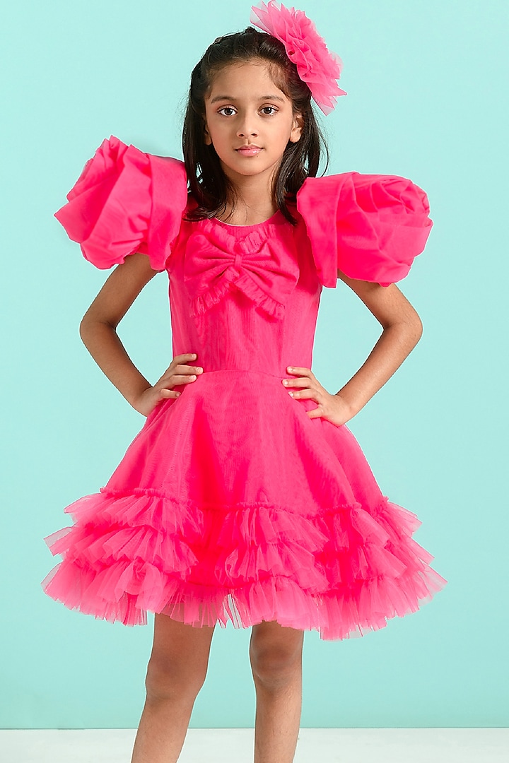 Magenta Tulle Ruffled Dress For Girls by Free Sparrow