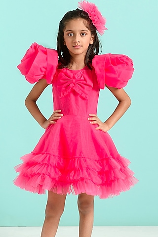 Magenta Tulle Ruffled Dress For Girls by Free Sparrow