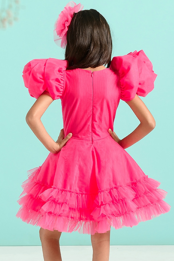Magenta Tulle Ruffled Dress For Girls by Free Sparrow at Pernia's Pop Up Shop