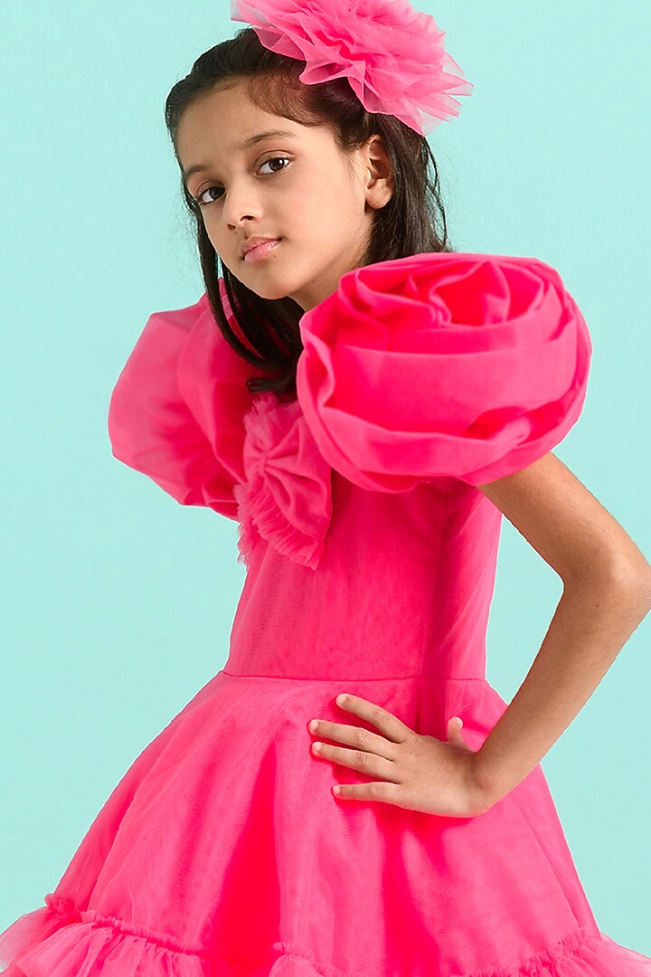 Magenta Tulle Ruffled Dress For Girls by Free Sparrow at Pernia's Pop Up Shop
