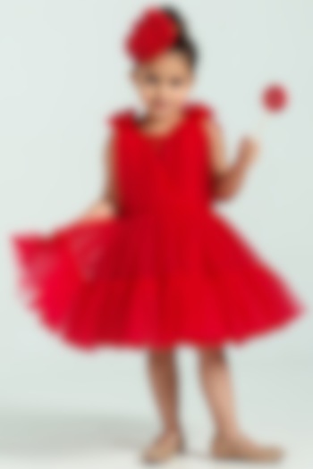 Red Embellished Gathered Dress For Girls by Free Sparrow