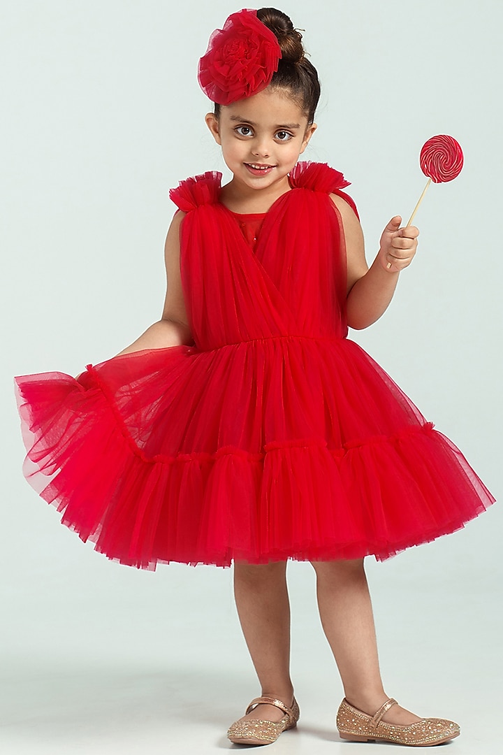 Red Embellished Gathered Dress For Girls by Free Sparrow