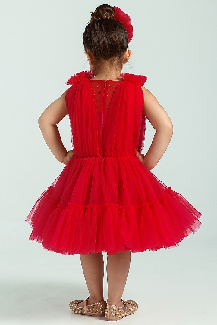 Red Embellished Gathered Dress For Girls by Free Sparrow at Pernia's Pop Up Shop