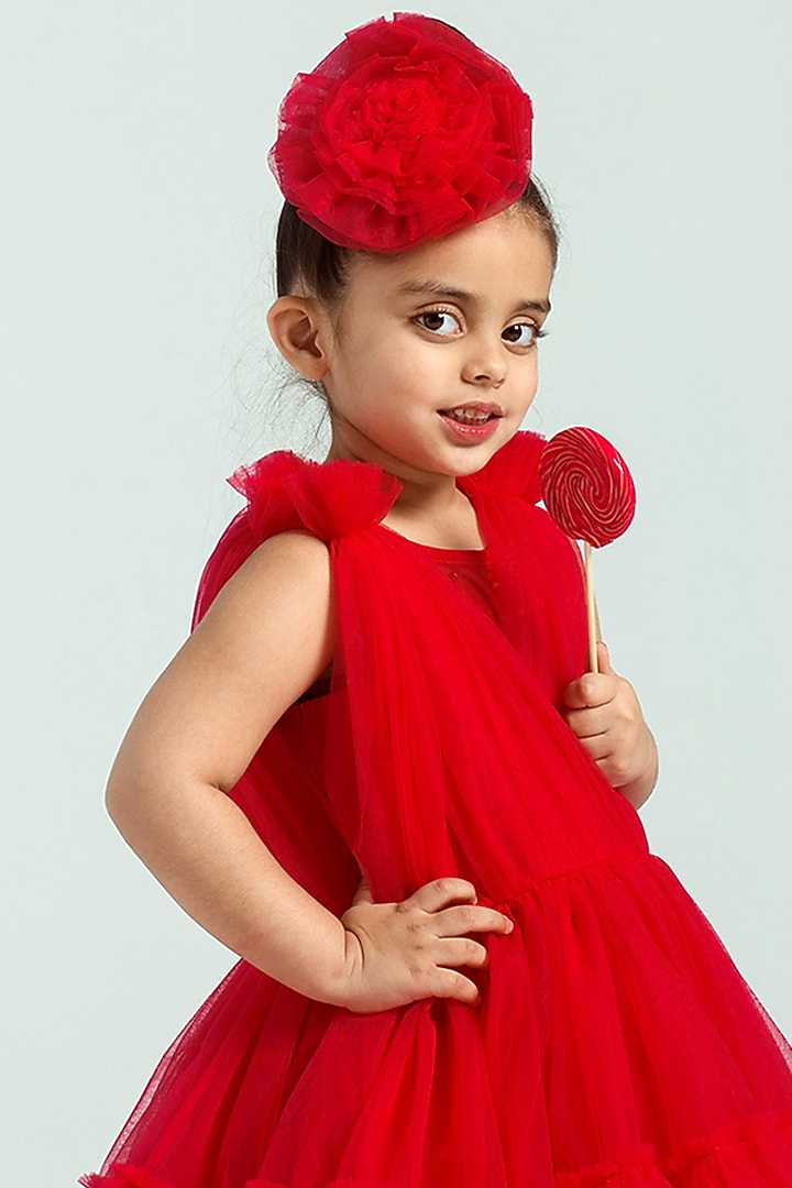 Red Embellished Gathered Dress For Girls by Free Sparrow at Pernia's Pop Up Shop