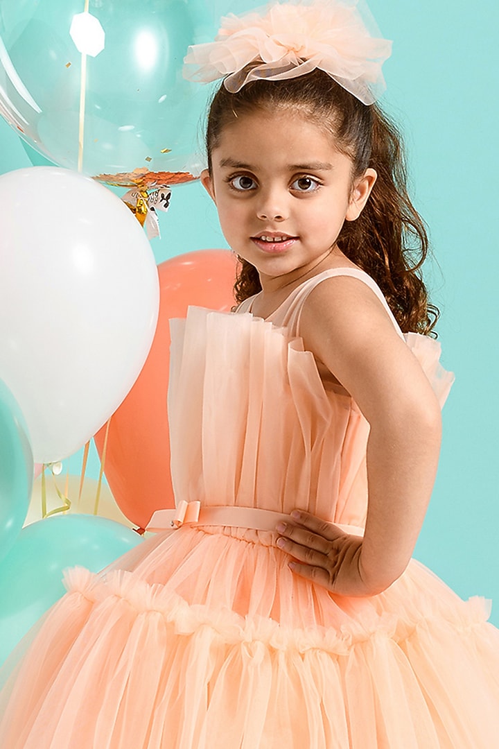 Peach Tulle Ruffled Dress For Girls by Free Sparrow at Pernia's Pop Up Shop