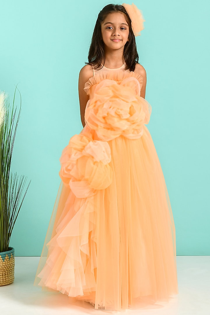 Peach Embellished Gown For Girls by Free Sparrow