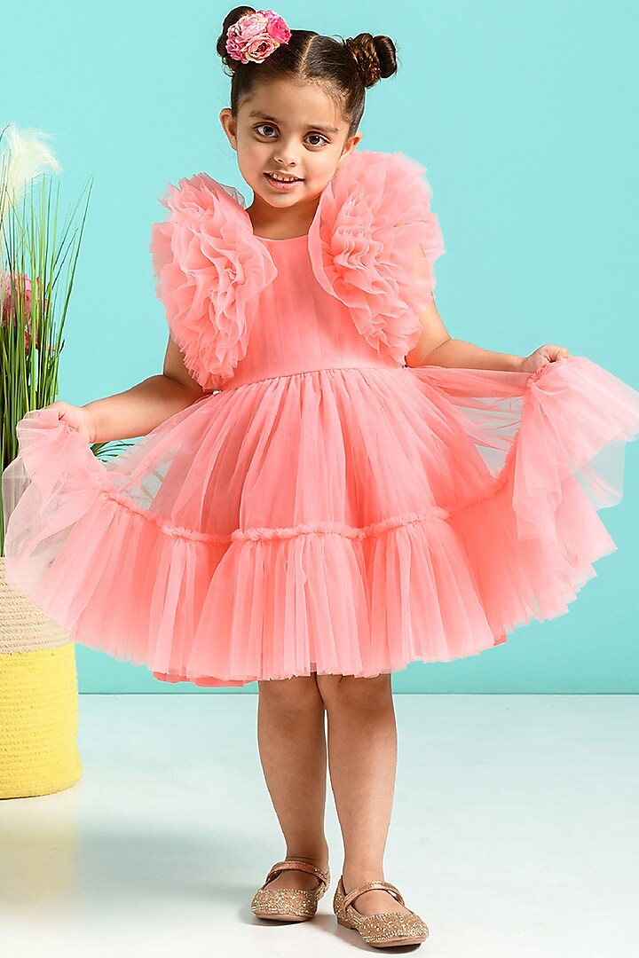 Peach-Pink Ruffled Dress For Girls by Free Sparrow