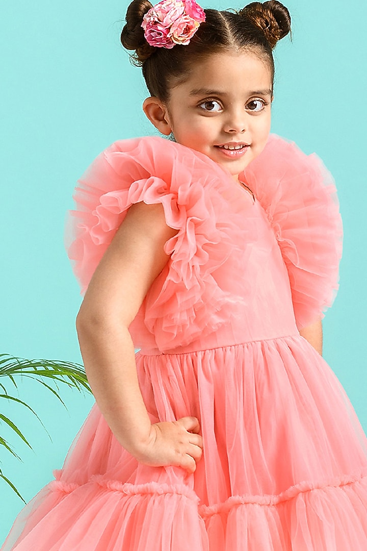 Peach-Pink Ruffled Dress For Girls by Free Sparrow at Pernia's Pop Up Shop