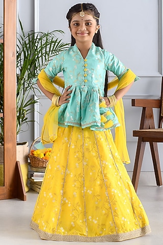 Yellow Jacquard Lehenga Set For Girls by Free Sparrow