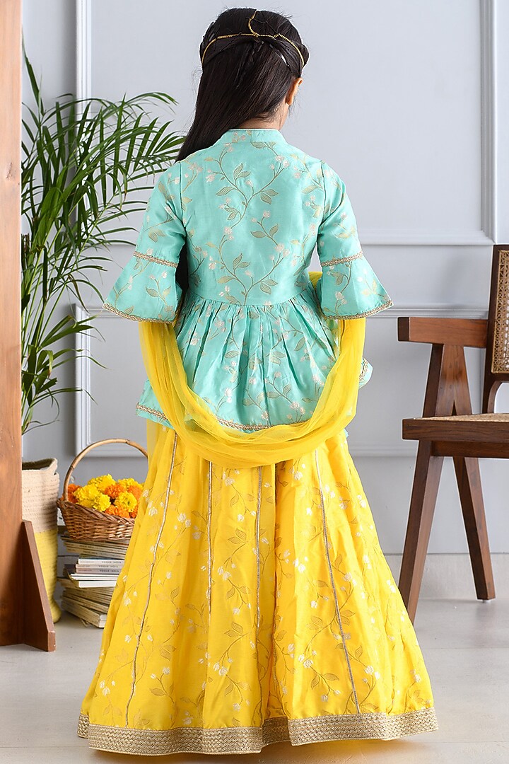 Yellow Jacquard Lehenga Set For Girls by Free Sparrow at Pernia's Pop Up Shop